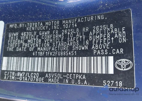 2015 Toyota Camry Xse z USA, uszkodzony, nr VIN 4T1BF1FK2FU885451